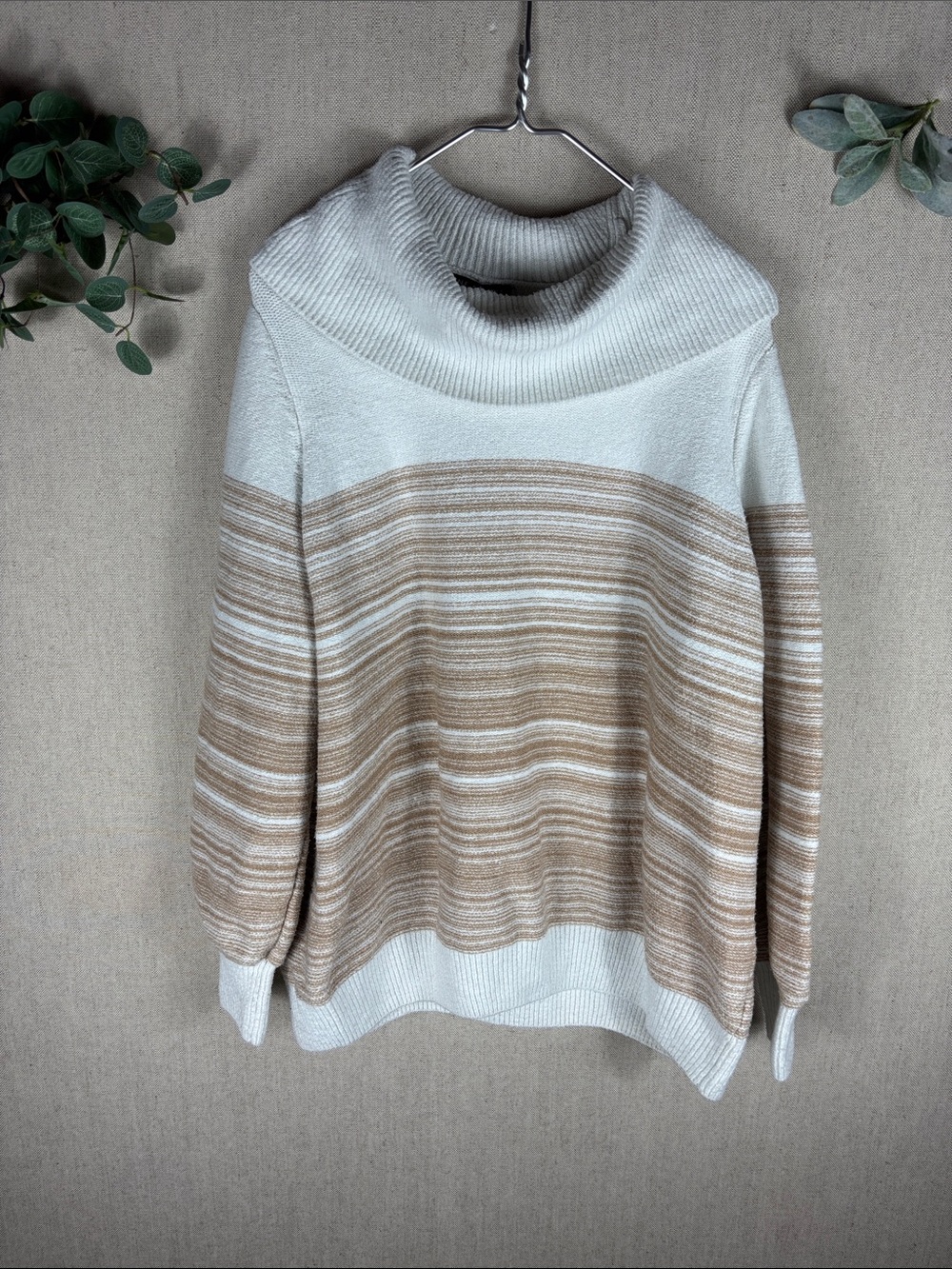 Lane Bryant > Cozy Cream and Tan Striped Turtleneck Sweater 18/20